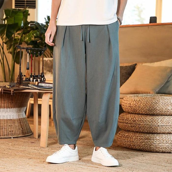 Loose Men's Cotton Linen Breathable Solid Color Fitness Street Pants