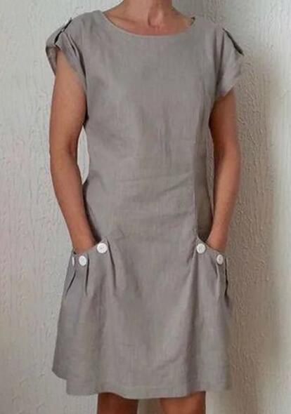 Vintage Short Sleeve Solid Pocket O Neck Cotton Linen  Casual Dress