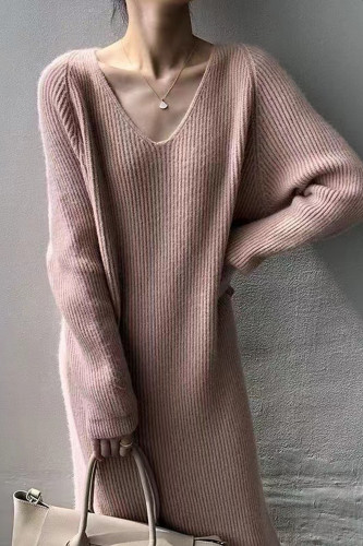 Fashion V-Neck Soft Waxy Sexy Temperament  Midi  Sweater Dress