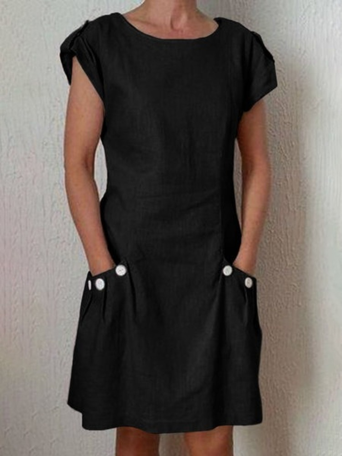 Vintage Short Sleeve Solid Pocket O Neck Cotton Linen  Casual Dress