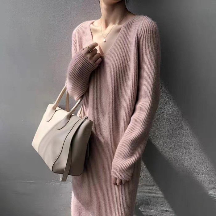 Fashion V-Neck Soft Waxy Sexy Temperament  Midi  Sweater Dress