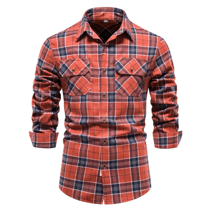 Fashion Pocket Flannel Men's Plaid Long Sleeve Shirt