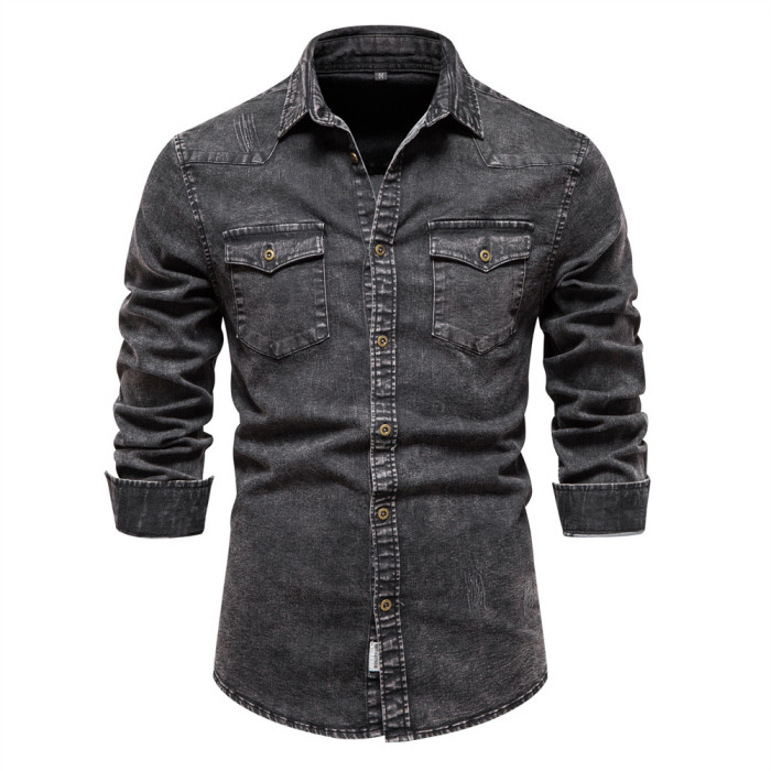 Men's Denim Long Sleeve Lapel Casual Cotton High Quality Shirt