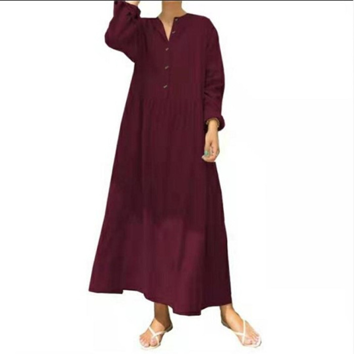 Fashion Loose Stand Collar Cotton Linen Solid Color Long Sleeve  Maxi Dress
