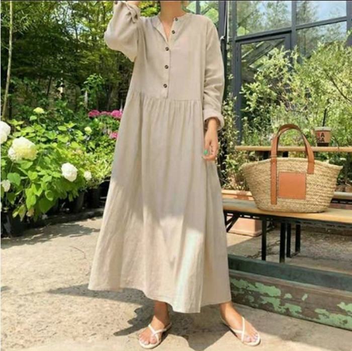 Fashion Loose Stand Collar Cotton Linen Solid Color Long Sleeve  Maxi Dress