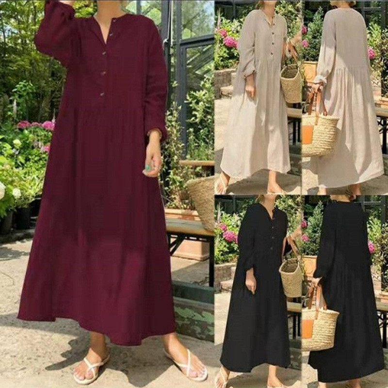 Fashion Loose Stand Collar Cotton Linen Solid Color Long Sleeve  Maxi Dress