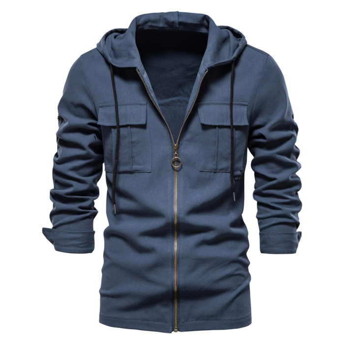 100% Cotton Hooded Shirt Men Casual Slim Retro Fashion Outerwear