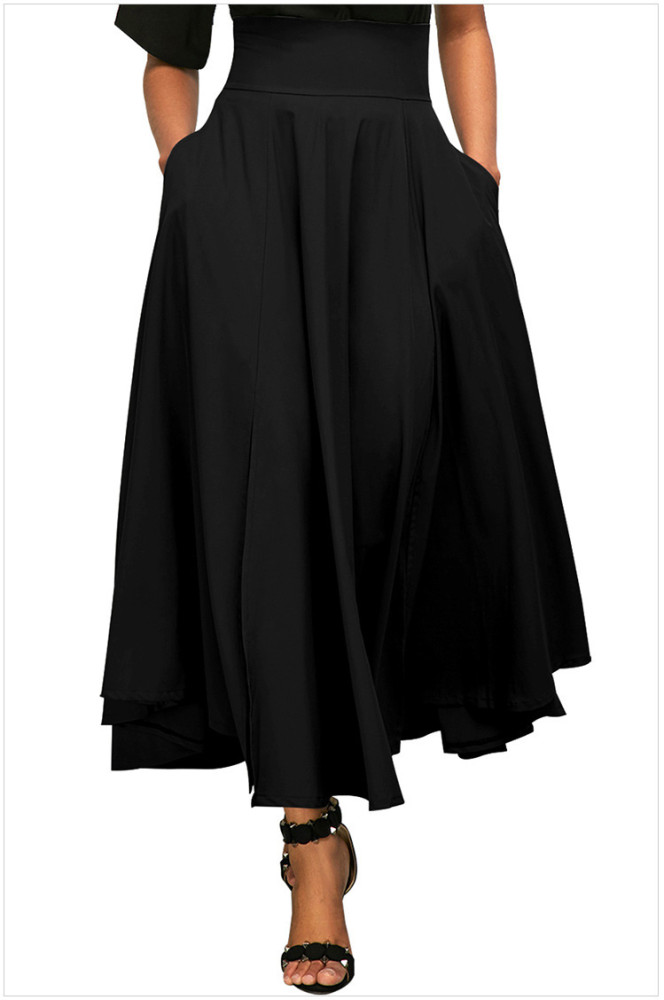 New Women's High Waist Pleated Side Slit Belt Retro Skirt