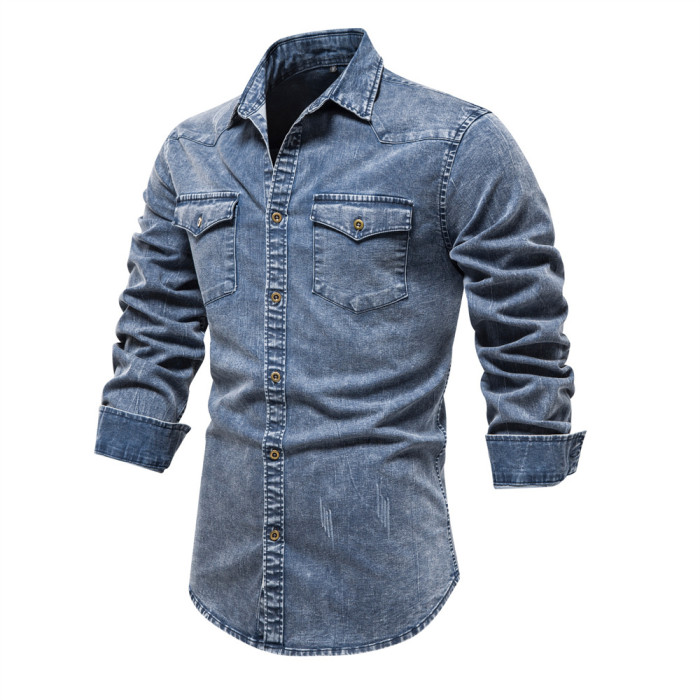 Men's Denim Long Sleeve Lapel Casual Cotton High Quality Shirt
