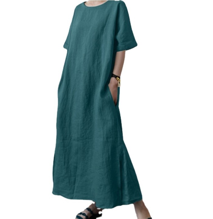 Fashion Design Solid Color Cotton Linen Round Neck Maxi Dresses