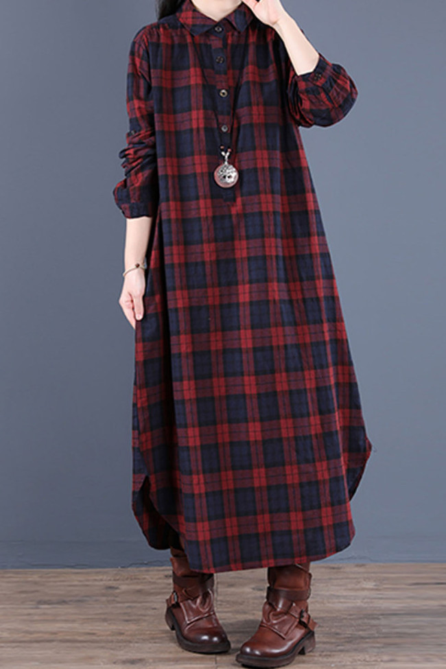 Loose Panel Check Lapel Long Sleeve Shirt   Midi Dress