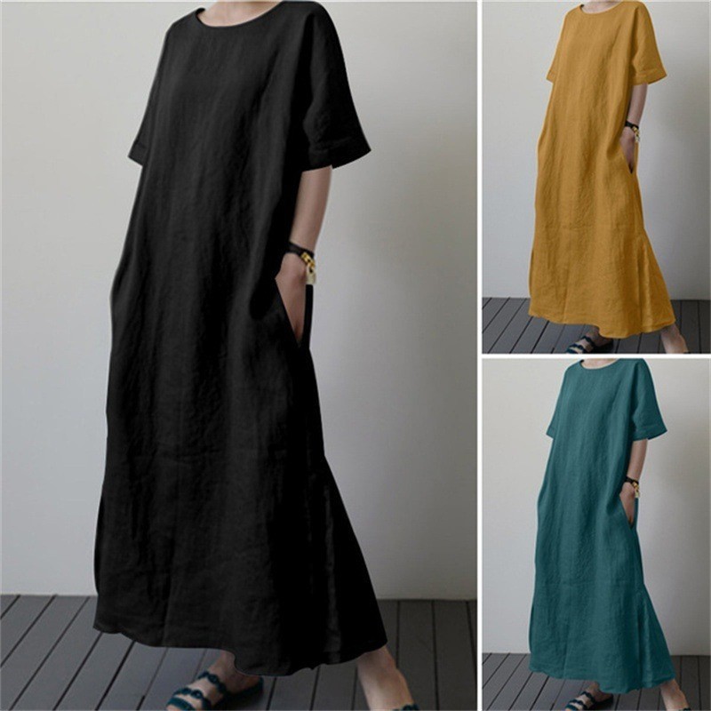 Fashion Design Solid Color Cotton Linen Round Neck Maxi Dresses