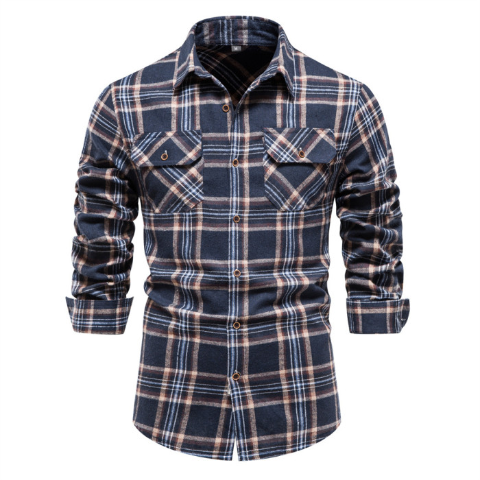 Fashion Pocket Flannel Men's Plaid Long Sleeve Shirt