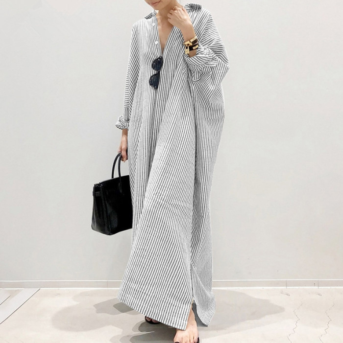 New Cotton-Linen Striped Cardigan Loose Temperament Irregular Casual  Maxi Dress