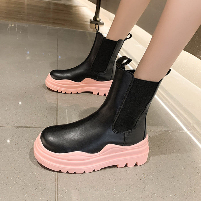 Fashion Genuine Leather Round Toe Thick Sole Ankle Boots