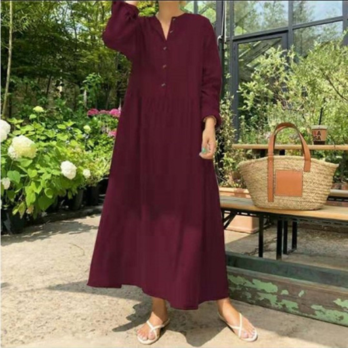 Fashion Loose Stand Collar Cotton Linen Solid Color Long Sleeve  Maxi Dress