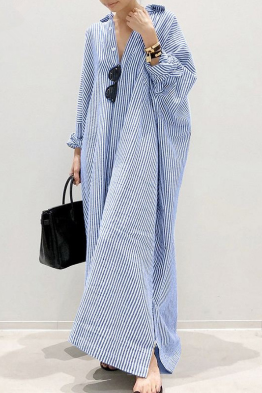 New Cotton-Linen Striped Cardigan Loose Temperament Irregular Casual  Maxi Dress