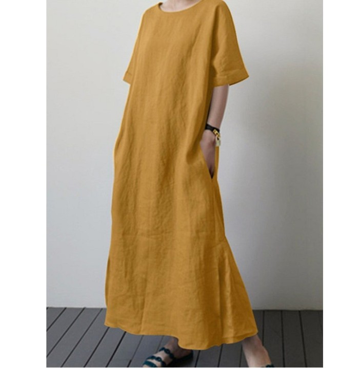 Fashion Design Solid Color Cotton Linen Round Neck Maxi Dresses