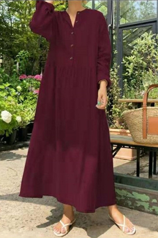 Fashion Loose Stand Collar Cotton Linen Solid Color Long Sleeve  Maxi Dress