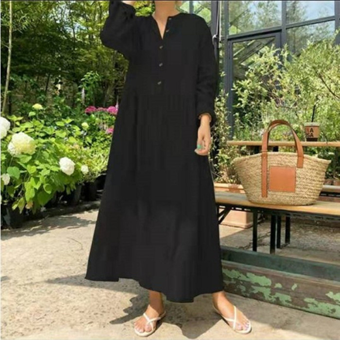 Fashion Loose Stand Collar Cotton Linen Solid Color Long Sleeve  Maxi Dress