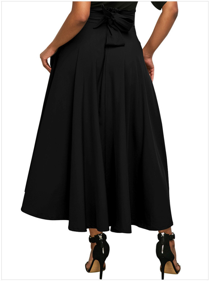 New Women's High Waist Pleated Side Slit Belt Retro Skirt