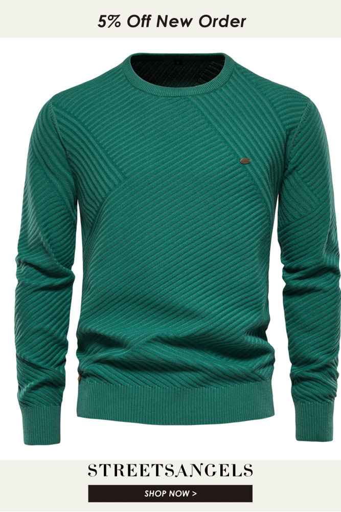 Solid Cotton Men's Striped Casual O-Neck Knit Sweater