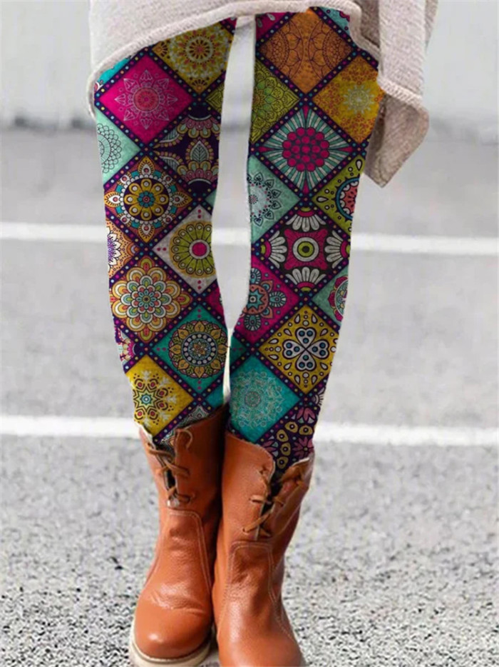 Fashion Women's Multicolor Print Elastic Versatile Bottoming Pants
