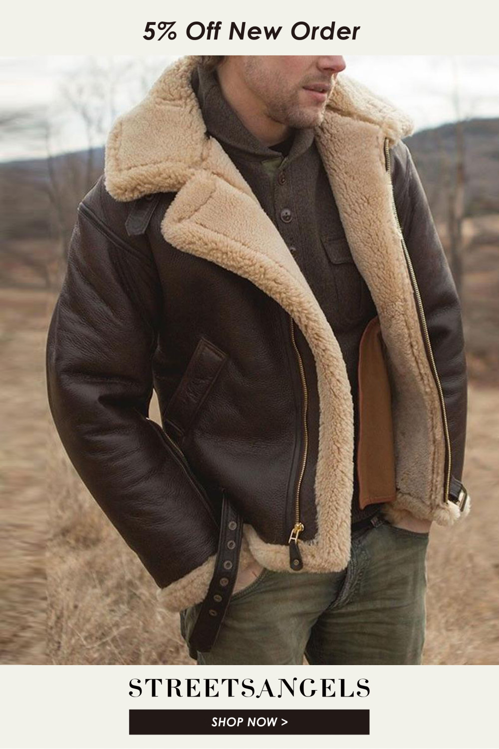 Men's Fur Collar Brown Vintage Wool Thick Warm Fleece Bomber Jacket