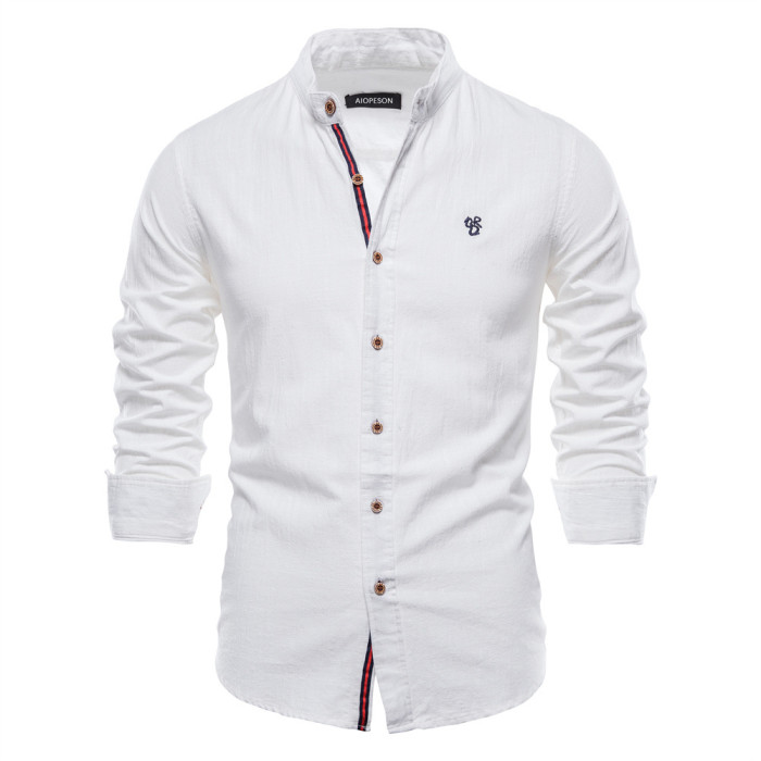 Men's Long Sleeves Embroider Hawaiian Beach Casual Single-Breasted Stand Collar Shirt