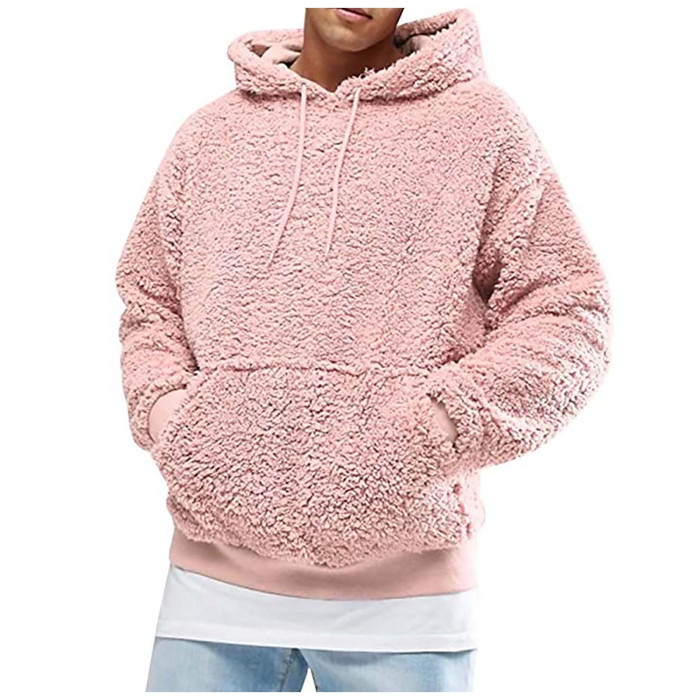 Men's Fashion Warm Fluffy Fleece Sweater Casual Solid Color Hoodie