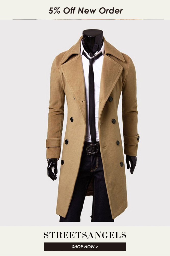 Men's Fashion Casual Slim Double Breasted Solid Color Trench Coat Outerwear