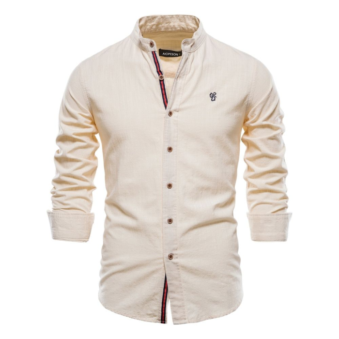 Men's Long Sleeves Embroider Hawaiian Beach Casual Single-Breasted Stand Collar Shirt