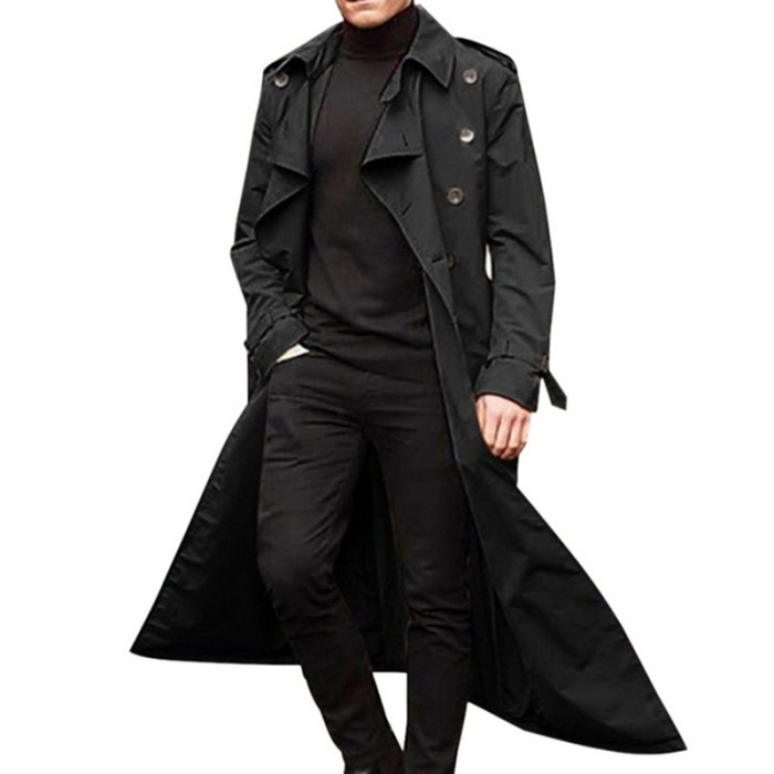 Men's Retro Double Breasted Business Solid Color Windproof Jacket Outerwear
