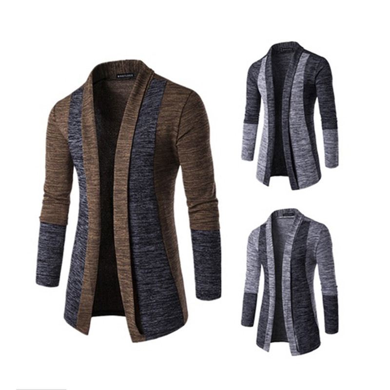 Men's Fashion Slim Long Casual Contrast Knit Cardigan Sweater