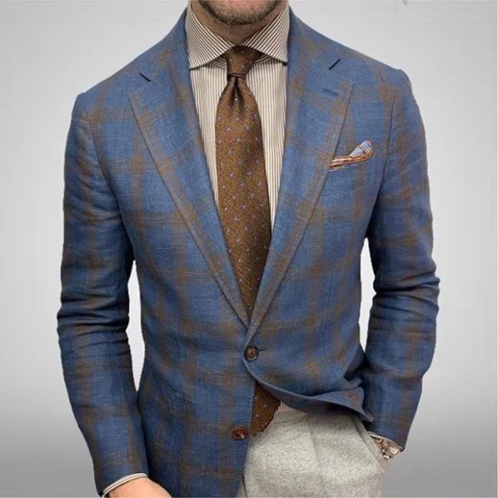Men's Fashion Slim Fit Plaid Lapel Long Sleeve Casual Blazer Outerwear