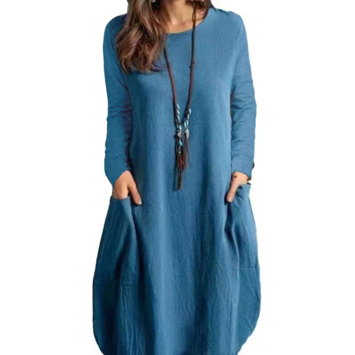 Cotton Linen Vintage Long Sleeve O Neck Solid Color Loose Party Casual Dress