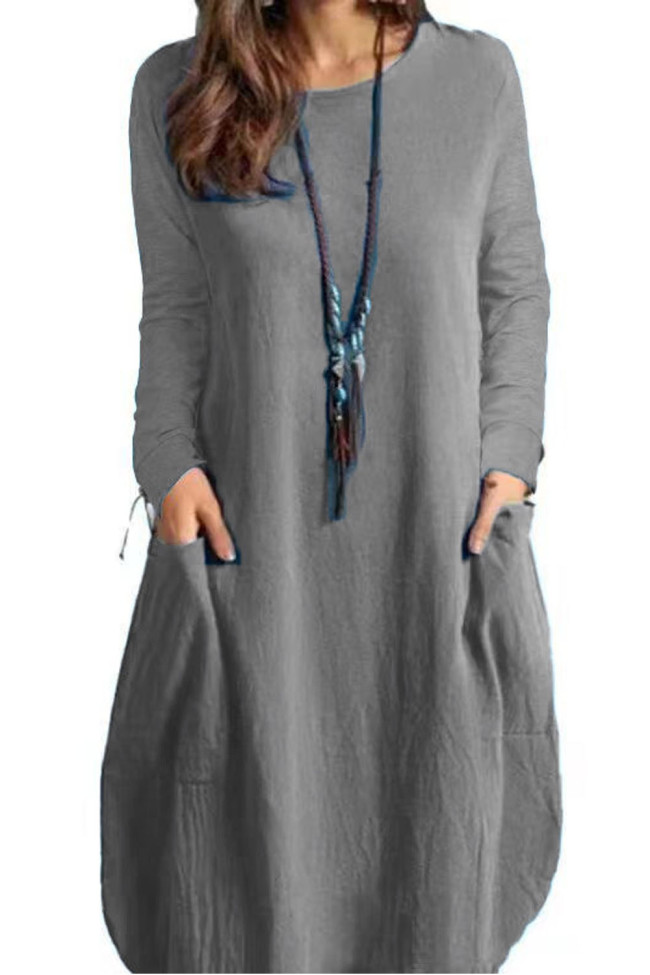 Cotton Linen Vintage Long Sleeve O Neck Solid Color Loose Party Casual Dress