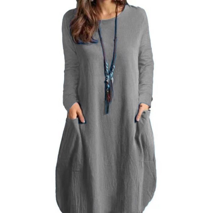 Cotton Linen Vintage Long Sleeve O Neck Solid Color Loose Party Casual Dress