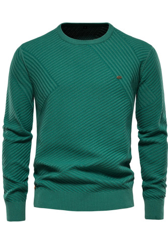 Solid Cotton Men's Striped Casual O-Neck Knit Sweater