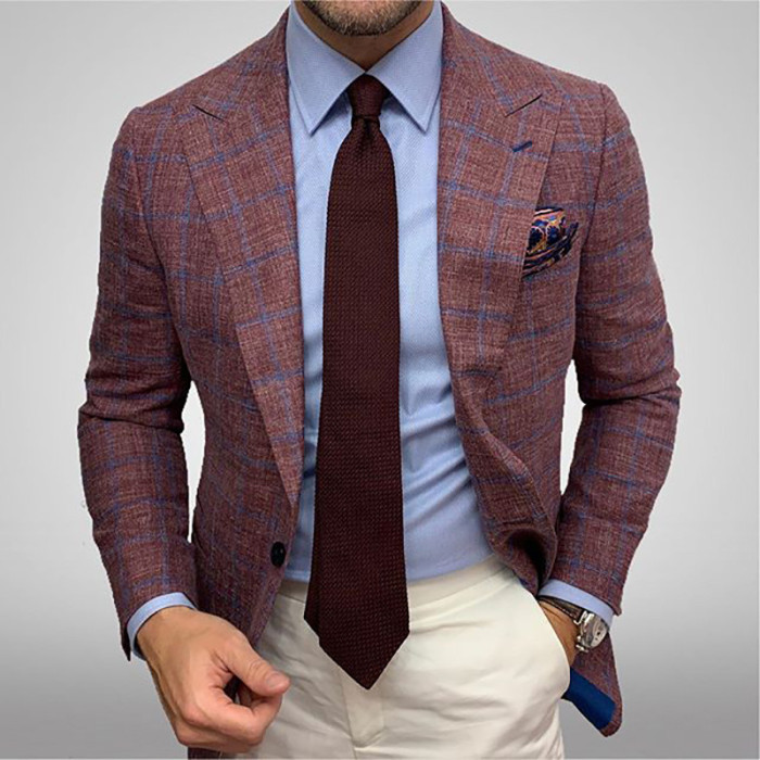 Men's Fashion Plaid Lapel Long Sleeve Business Blazer Outerwear