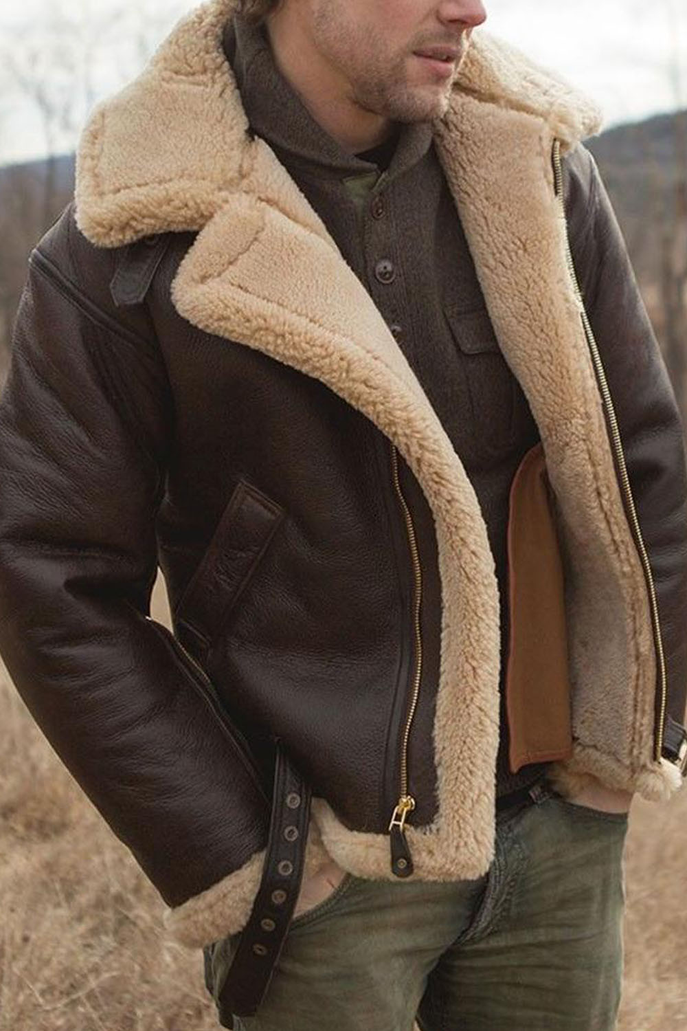 Men's Fur Collar Brown Vintage Wool Thick Warm Fleece Bomber Jacket