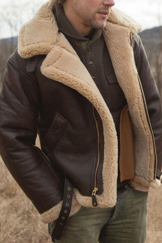 Men's Fur Collar Brown Vintage Wool Thick Warm Fleece Bomber Jacket Outerwear