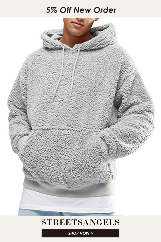 Men's Fashion Warm Fluffy Fleece Sweater Casual Solid Color Hoodie