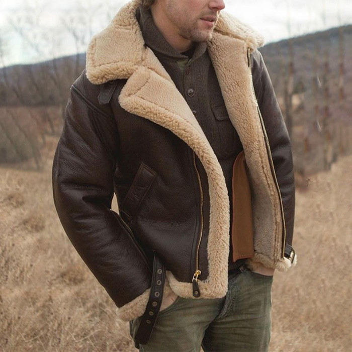 Men's Fur Collar Brown Vintage Wool Thick Warm Fleece Bomber Jacket ...
