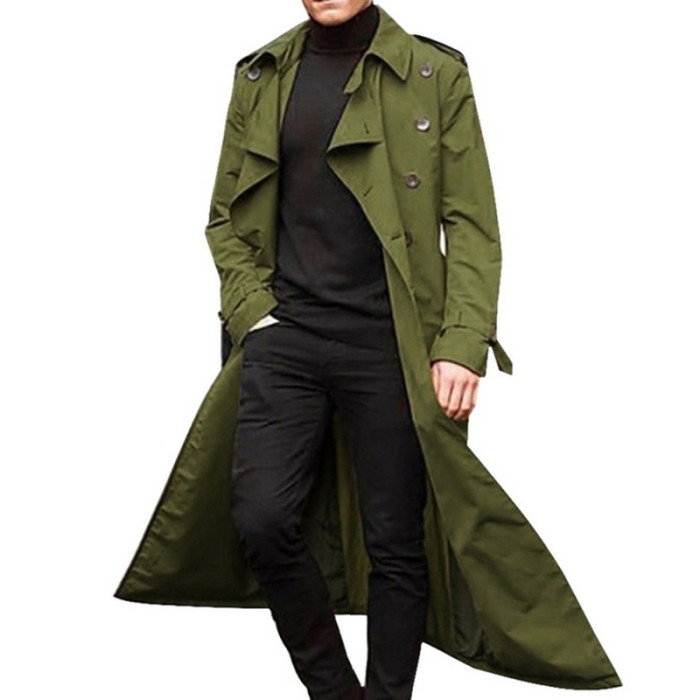 Men's Retro Double Breasted Business Solid Color Windproof Jacket Outerwear