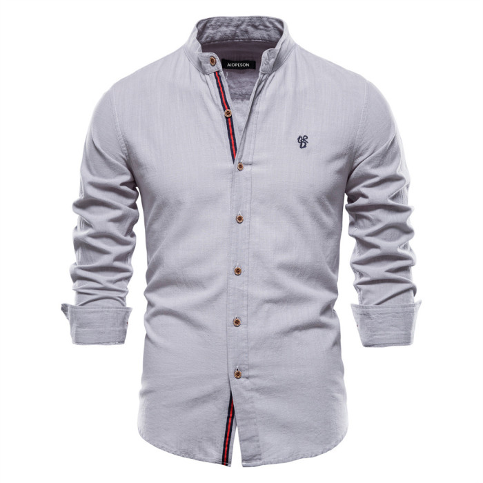 Men's Long Sleeves Embroider Hawaiian Beach Casual Single-Breasted Stand Collar Shirt