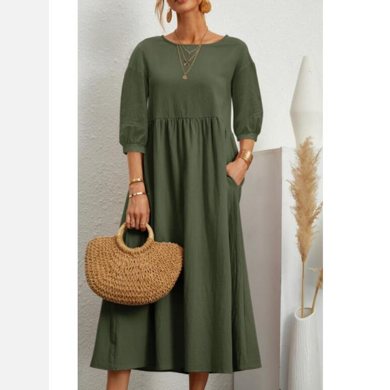 Cotton Linen Fashion Vintage Loose Balloon Sleeve O Neck Midi Dress