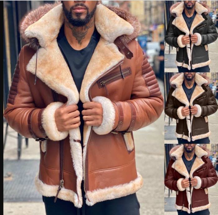 Fashion Solid Color Composite Suede Slim Fit Warm Casual Men's Jacket Outerwear