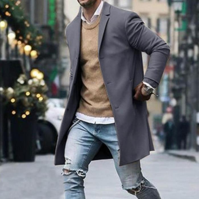 Men's Fashion Winter Solid Color Long Sleeve Casual Woolen Coat