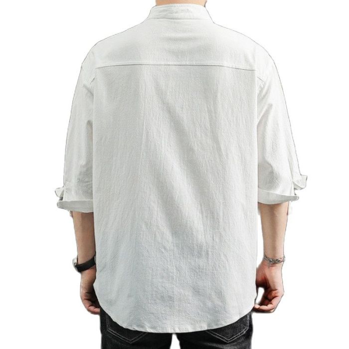 Solid Color Long Sleeve Stand Collar Loose 100% Cotton Men's Top Shirt
